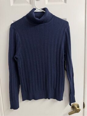 JEANNE PIERRE Indigo Heather Turtleneck Sweater Women's L Ribbed 100% Cotton NWT